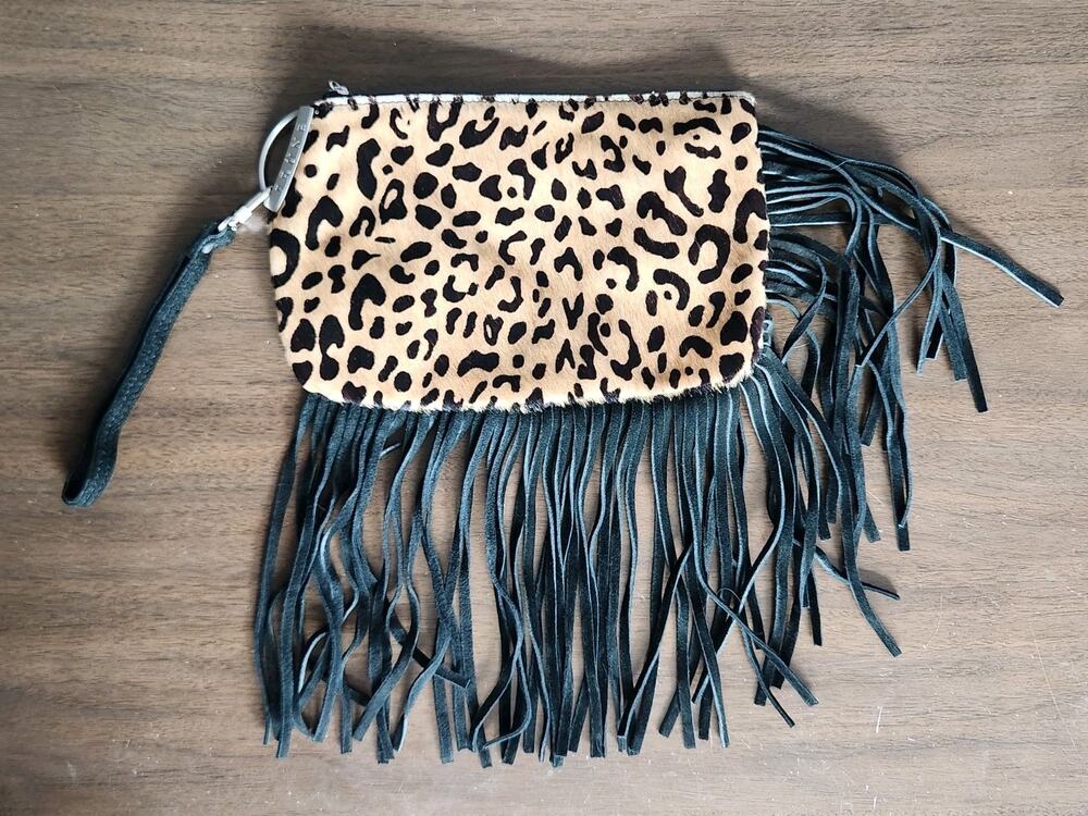 Prüne Leopard Print Haircalf Look Leather Suede Fringe Wristlet Bag Western Boho
